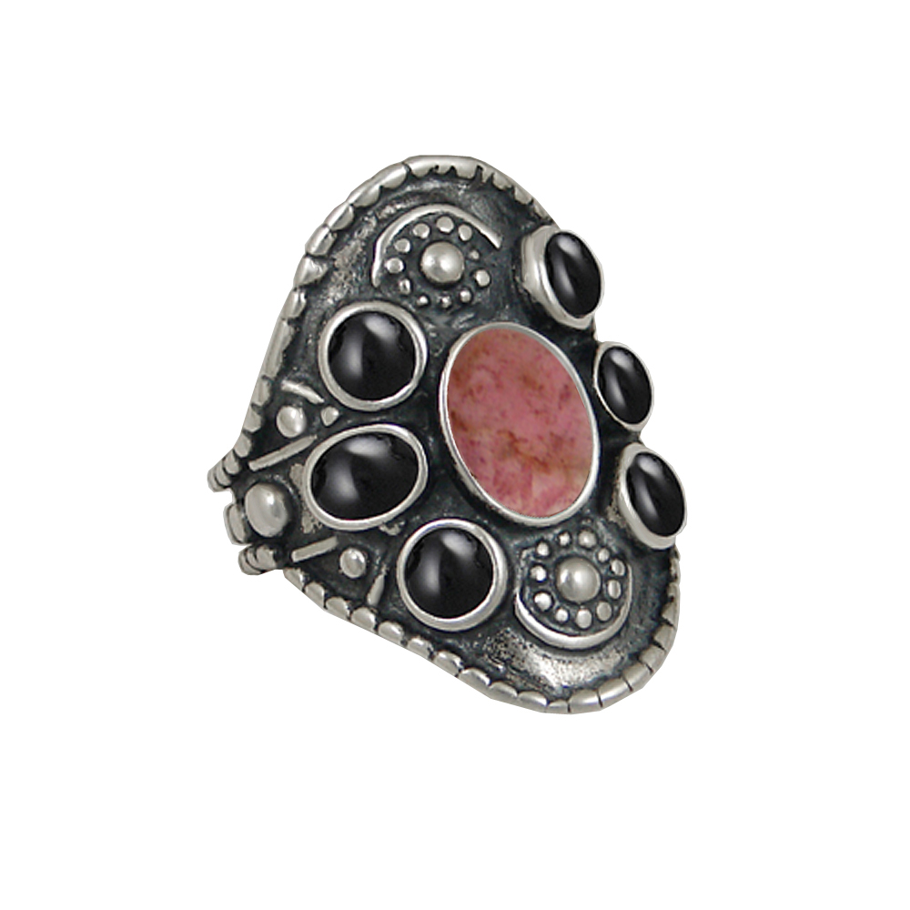 Sterling Silver High Queen's Ring With Rhodonite And Black Onyx Size 8